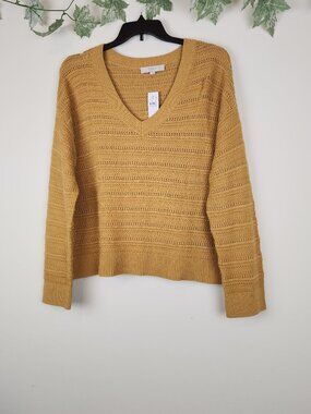 LOFT Size XL Mustard Yellow Open-Knit V-Neck Long Sleeve Pullover Sweater NWT